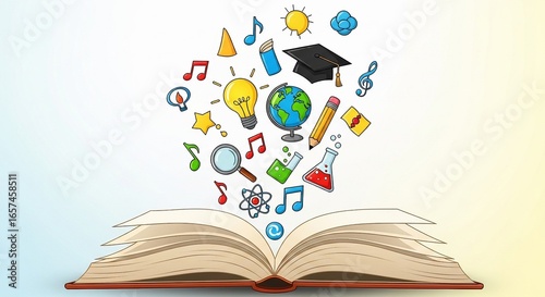 Open book with educational doodles representing knowledge, learning, and imagination, ideal for promoting educational resources, online courses, libraries, and academic success in digital media and ma