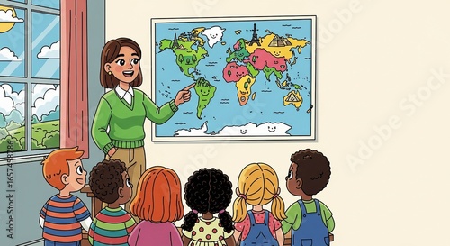 Friendly teacher pointing at world map explaining geography to diverse group of attentive young students in classroom.