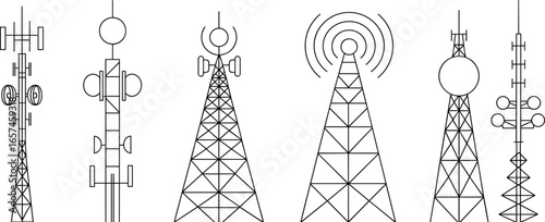 Illustration of six different communication towers with antennas, signal waves, wireless network technology icons, transmission towers line art vector designv