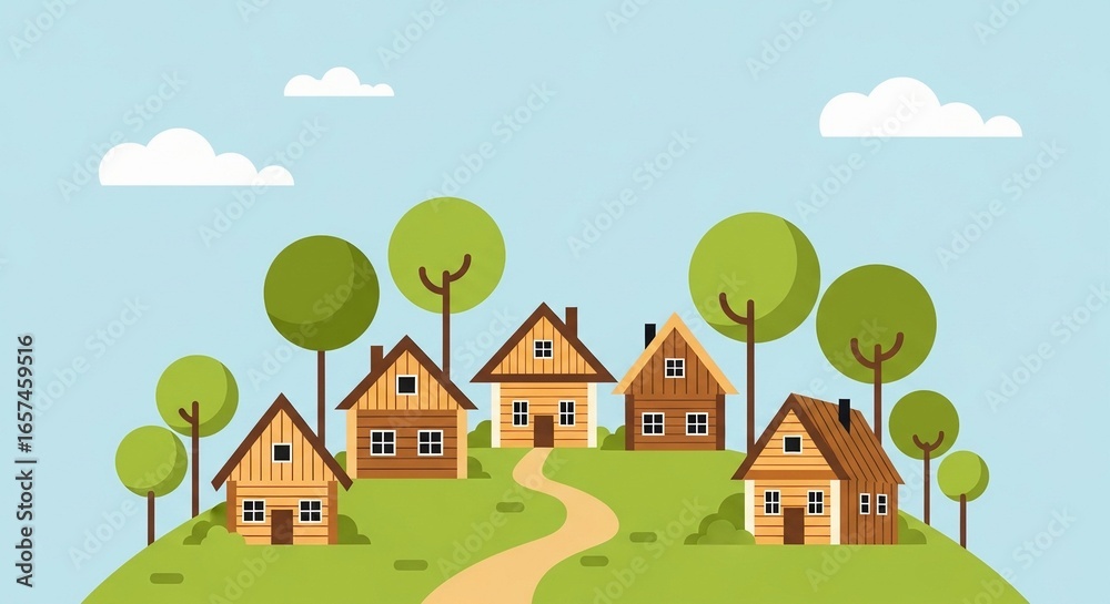 Naklejka premium Charming wooden houses nestled on a green hill with trees under a bright blue sky with fluffy clouds.