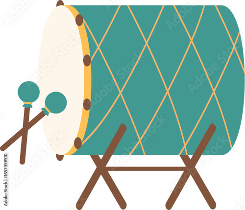 Teal-colored, large drum with wooden stand and drumsticks.