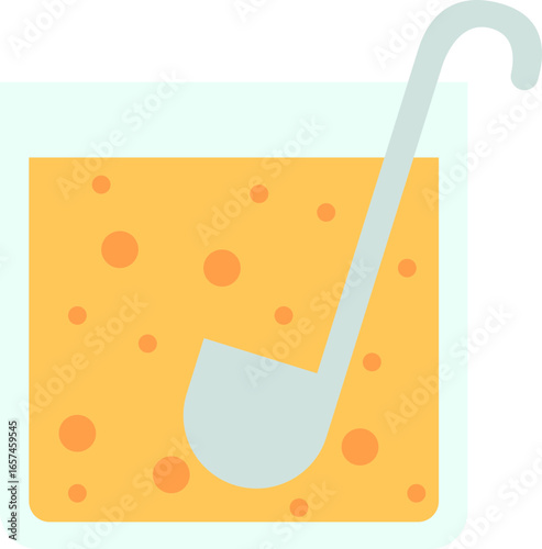 A vector illustration of a square glass filled with soup, a ladle inside.