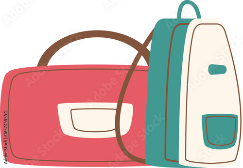 Two bags, one red duffel bag with brown handles and a white label, and a white backpack with teal accents.