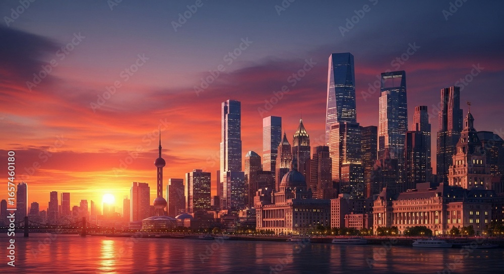 Fototapeta premium Stunning sunset over a modern cityscape with towering skyscrapers and a reflective river.