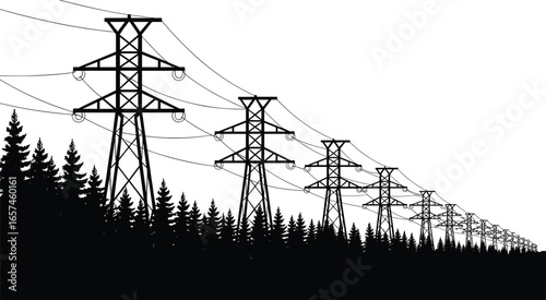 Line of high voltage electricity transmission towers with multiple power cables above forest landscape, electrical grid infrastructure, energy distribution network