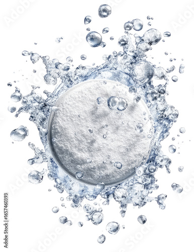 A white, round tablet or pill is surrounded by a splatter of water and bubbles.  The pill is centrally placed, and water/liquid appears to be erupting outward, creating a dynamic visual
