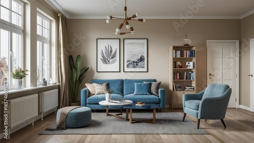 Wallpaper Mural Cozy living room with blue sofa and armchair natural light from large windows Torontodigital.ca