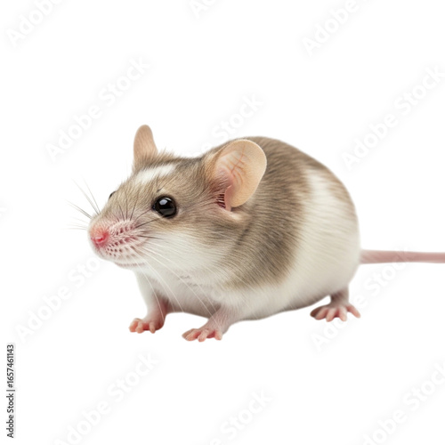 Cute small pet mouse with light brown and white fur isolated on transparent background