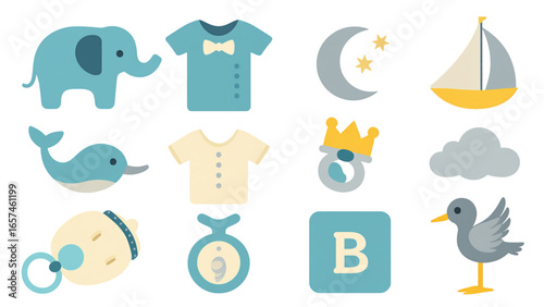 Collection of baby themed objects arranged on white surface representing childhood innocence and joy, perfect for baby shower invitations and nursery decor.