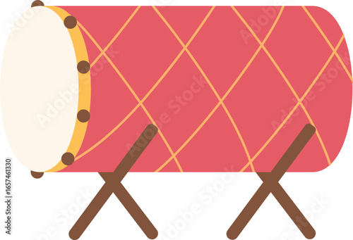 Colorful, stylized illustration of a large, traditional drum on stands.