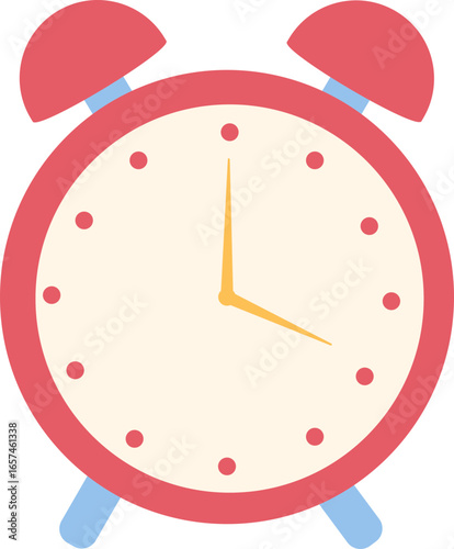 A classic red alarm clock with a cream face, featuring two bells on top and illuminated by soft light.
