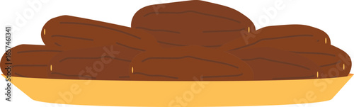 An illustration depicting a generous serving of dried dates arranged on a golden platter.