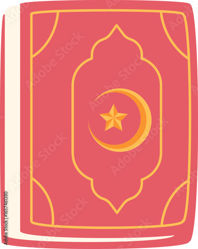 A stylized illustration of a closed book with a prominent Islamic crescent moon and star emblem on its cover, rendered in warm pink and gold.