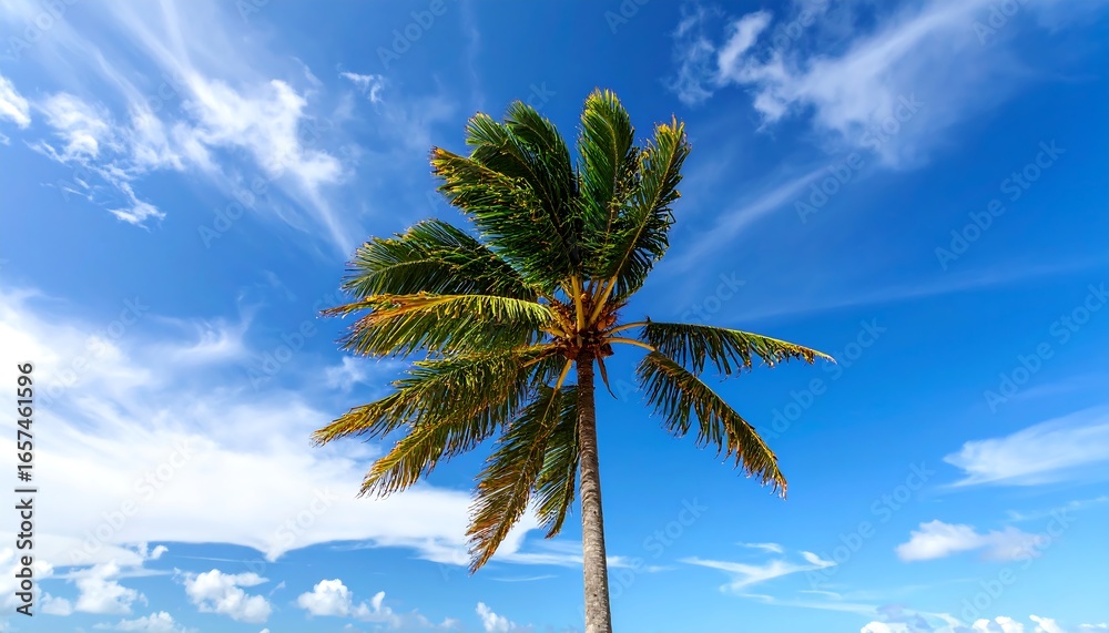 Fototapeta premium Palm tree against blue sky with white clouds evoking tropical paradise
