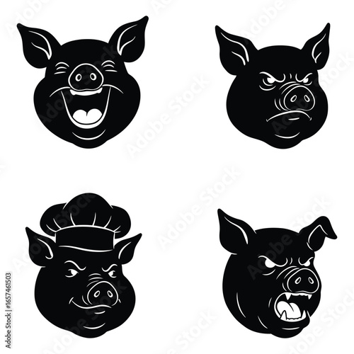 Collection of black silhouette pig heads, including a cheerful laughing pig, a grumpy pig, a pig wearing a chef's hat and tie, and an aggressive pig with an open mouth.
