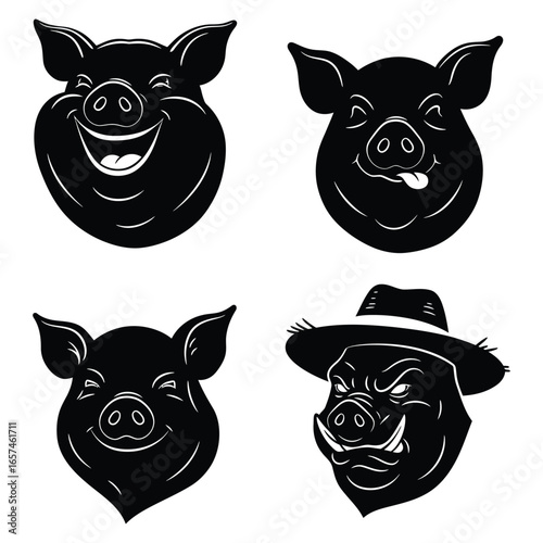 Set of expressive black silhouette pig and wild boar heads, including a laughing pig and a boar with a fedora.