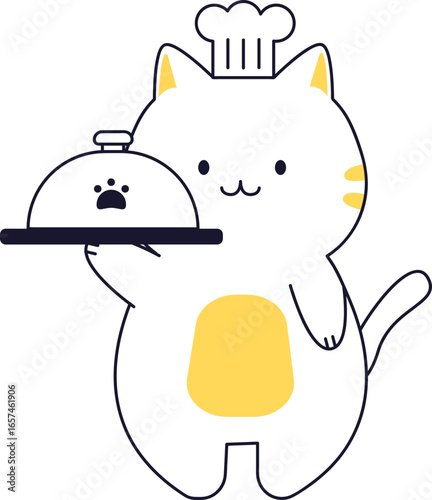 Cute cartoon cat chef holding a covered dish, ready to serve.