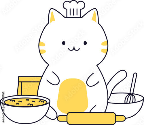 Adorable cartoon cat chef preparing baked goods, surrounded by baking ingredients and utensils.