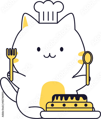 Cartoon white cat wearing a chef's hat, holding a fork and spoon, with a cake on a plate.