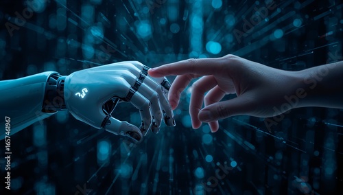 A futuristic, digital encounter between a robot hand and a human hand, highlighting the concept of human-robot interaction.
