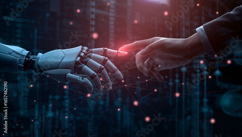 A robotic arm and a human hand touch, symbolizing the intersection of technology and humanity in a futuristic, digitally enhanced scene.