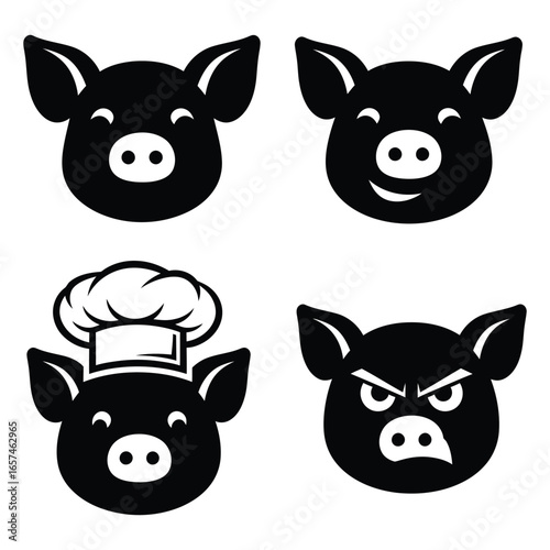 Simple black silhouette pig heads portraying happy, smiling, chef hat, and grumpy expressions.