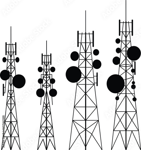 Set of four black communication towers with antennas and satellite dishes, isolated vector icons on white background, telecommunication network symbols, wireless technology design