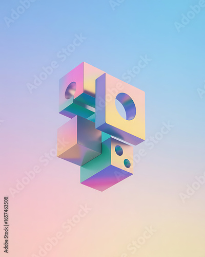 Iridescent geometric sculpture floating against gradient sky