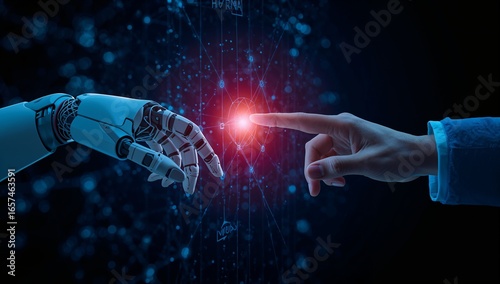 A robotic arm and human hand touch, symbolizing the intersection of technology and humanity.
