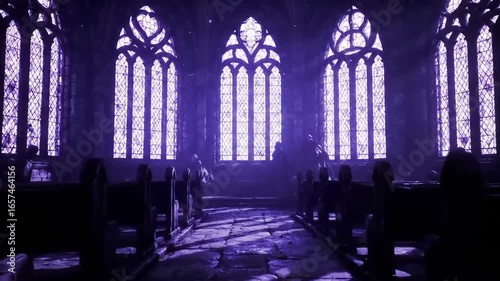 Purple stained glass church interior