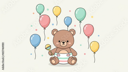 Cute teddy bear sitting with colorful balloons and rattle on beige surface celebrating baby shower in cheerful and festive atmosphere.