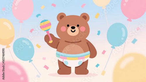 Cute teddy bear holding a rattle surrounded by pastel balloons and confetti celebrating a baby shower in a cheerful and festive atmosphere.