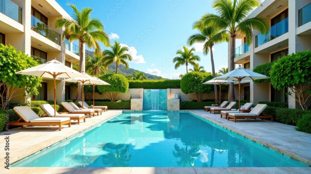 Fototapeta premium Tranquil Resort Poolside Oasis with Lush Greenery and Serene Waterfall Feature