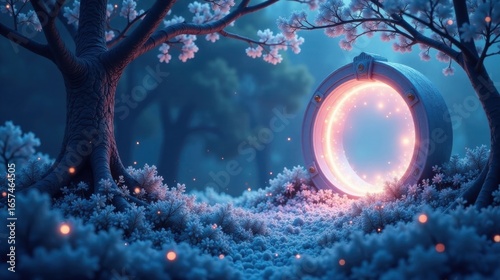 Enchanted Forest Portal A Mystical Circular Gateway Glowing with Inner Light, Nestled Among Frost-Covered Bushes and Illuminated Trees in a Dreamlike Setting