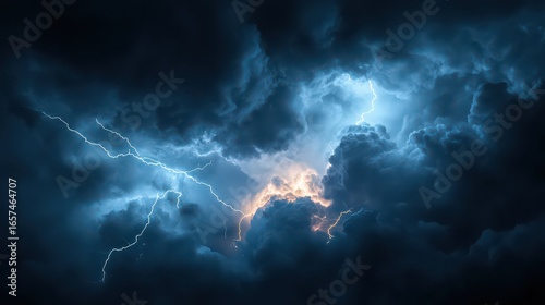 Dramatic sky with lightning strikes illuminating dark clouds during a thunderstorm at night time