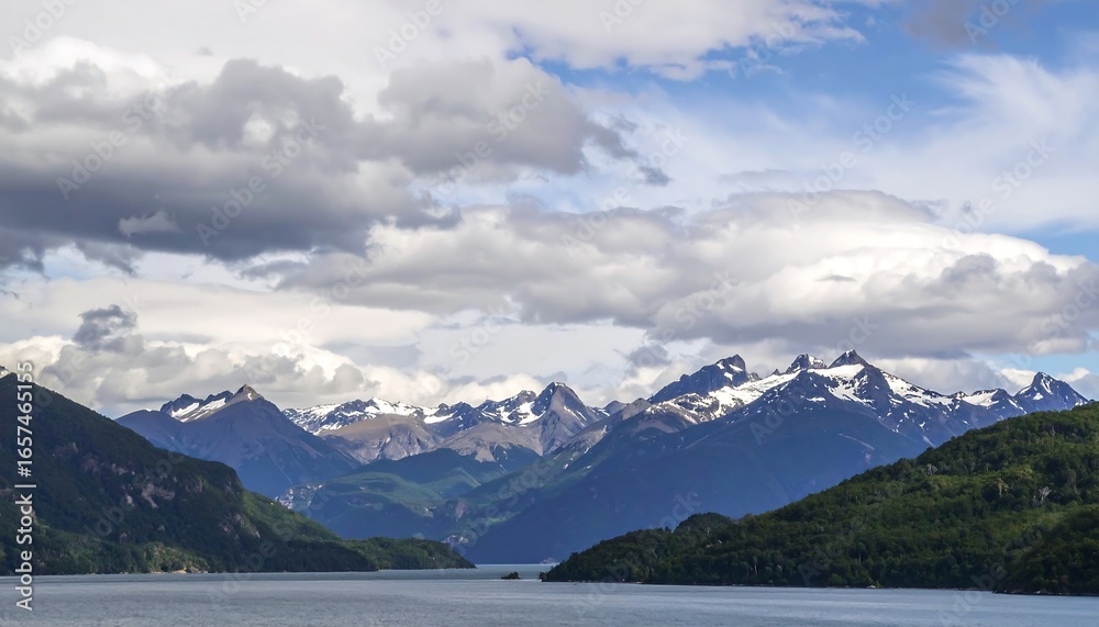 Fototapeta premium Picturesque Mountain Range Landscape View with Clouds and Water Reflection