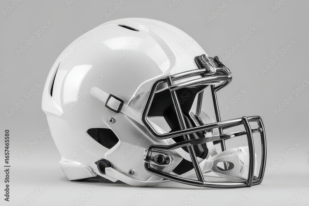 Naklejka premium American Football Mask. White Helmet for American Football Equipment Isolated on Grey Background Mockup 3D Rendering