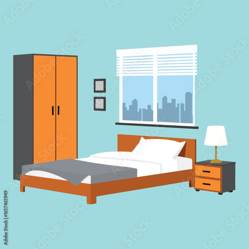 A modern bedroom interior with a bed, sofa, and stylish decor