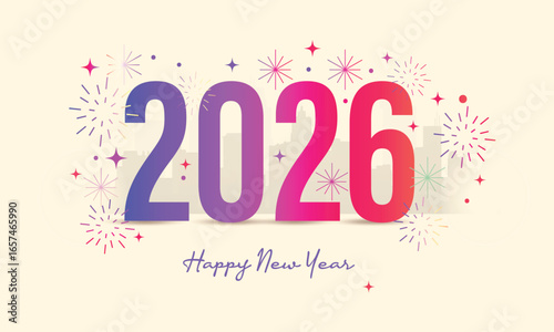 2026 Happy new year celebration greeting card, sparkler font and firework isolated background