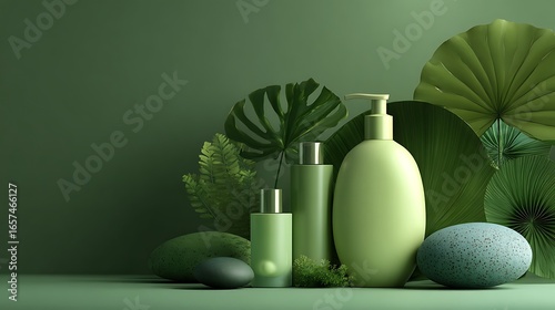 Natural skincare products arranged with lush greenery and textured sphere