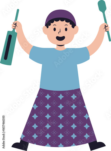 Cartoon boy wearing a kufi and sarong, smiling and holding musical instruments above his head.
