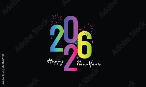 2026 Happy new year celebration greeting card, sparkler font and firework isolated background
