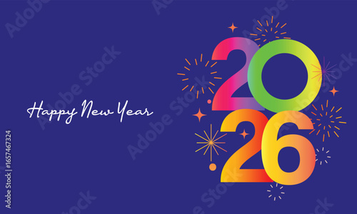 2026 Happy new year celebration greeting card, sparkler font and firework isolated background