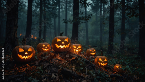 Glowing Jack-o'-Lanterns in Foggy Haunted Forest with Spooky Cabin and Cinematic Halloween Atmosphere