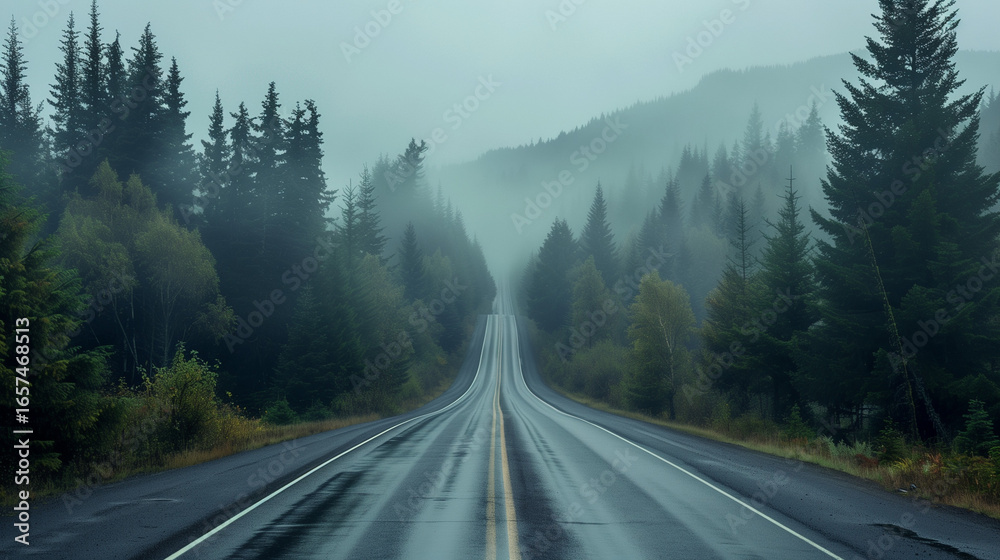 Fototapeta premium Foggy highway through pine trees 