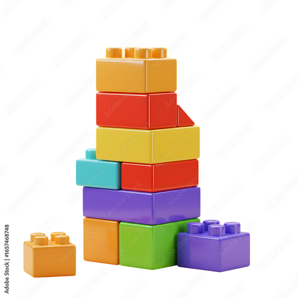 Fototapeta premium Colorful stacking building blocks toy creation fun construction development learning on black isolated background transparent background