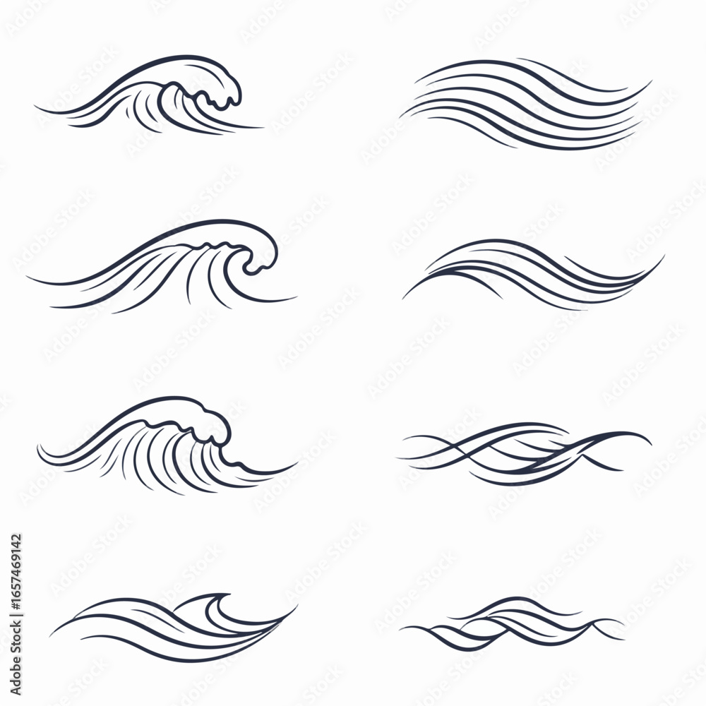 Fototapeta premium Set of Stylized Ocean Waves and Flowing Water Lines Vector Illustrations for Aquatic and Nautical Designs