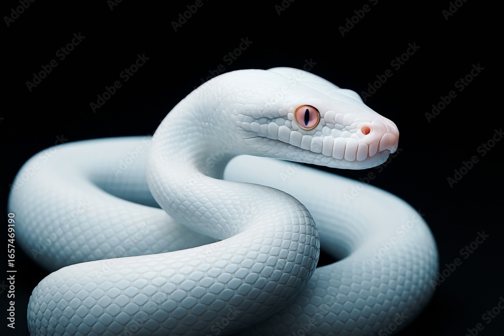 Fototapeta premium Close-up of coiled white snake with pink eyes in dramatic light on dark background, showcasing detailed scales and artistic appearance. Ai generative