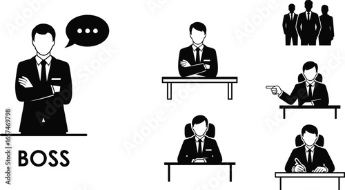 Business boss leadership, corporate manager, office executive, authority figure, teamwork guidance, decision making, professional leader, business management, workplace control, direction