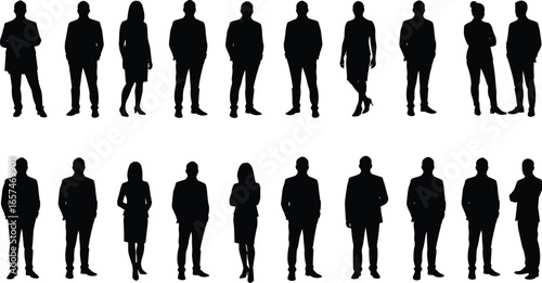 Business people silhouettes, men and women, standing poses, corporate professionals, teamwork, leadership, office staff, company employees, executive, management, success